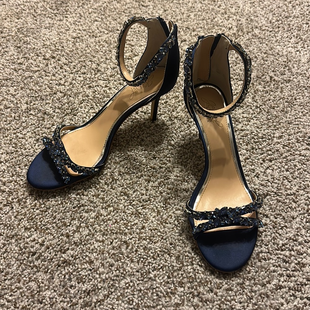 Embellished Navy Ankle-Strap Stiletto Sandals